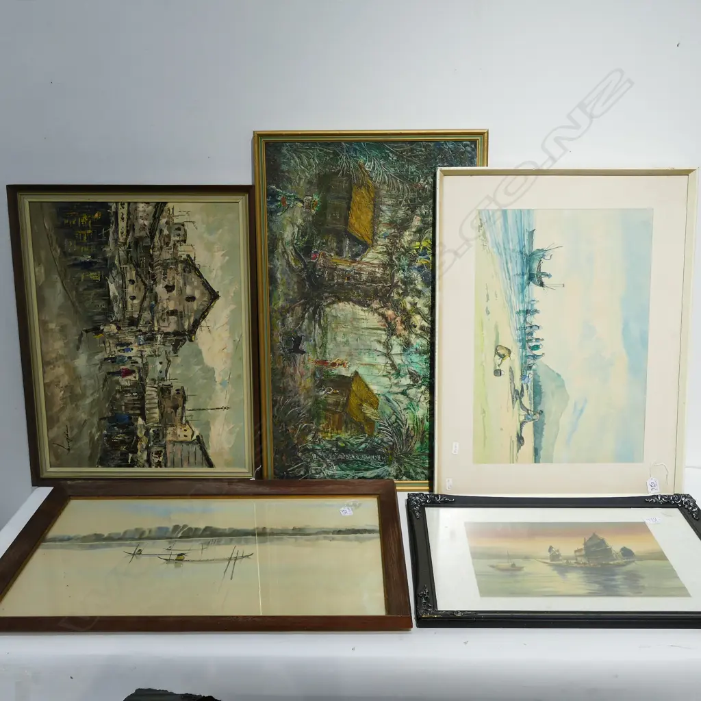 5 FRAMED ASIAN PAINTINGS OILS & W/C'S Image 1++