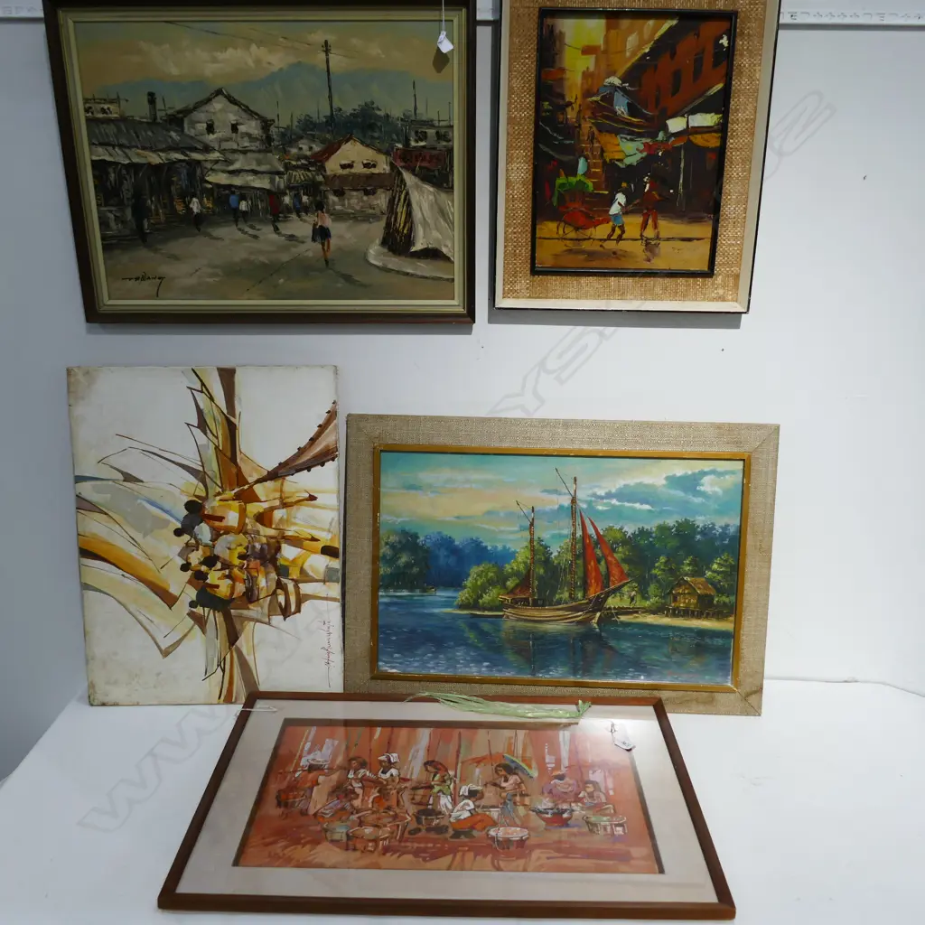 5 FRAMED ASIAN PAINTINGS OILS & W/C'S Image 1++