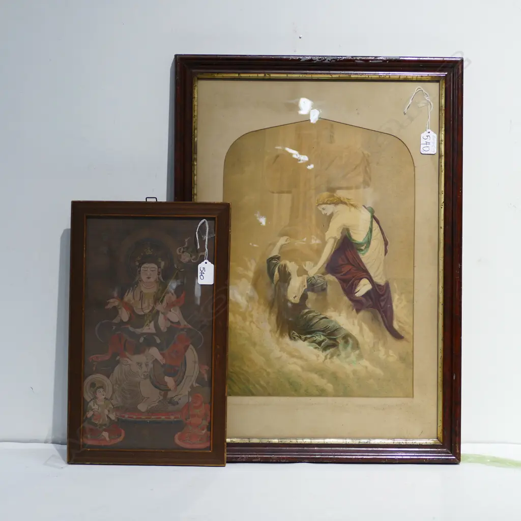 2 VINTAGE PRINTS; 2 WOMEN & CROSS + BUDDHA & OX Image 1++