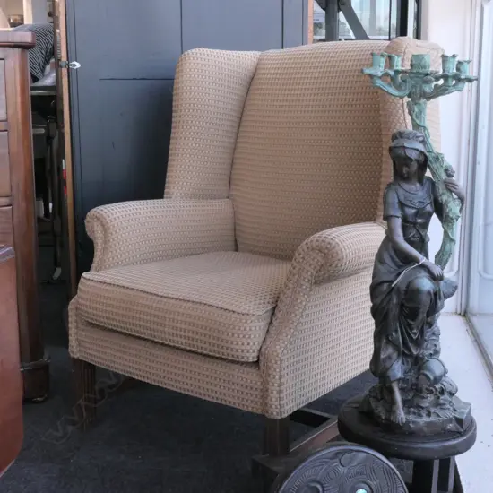 BEIGE CHECK UPHOLSTERED WING BACK CHAIR 
