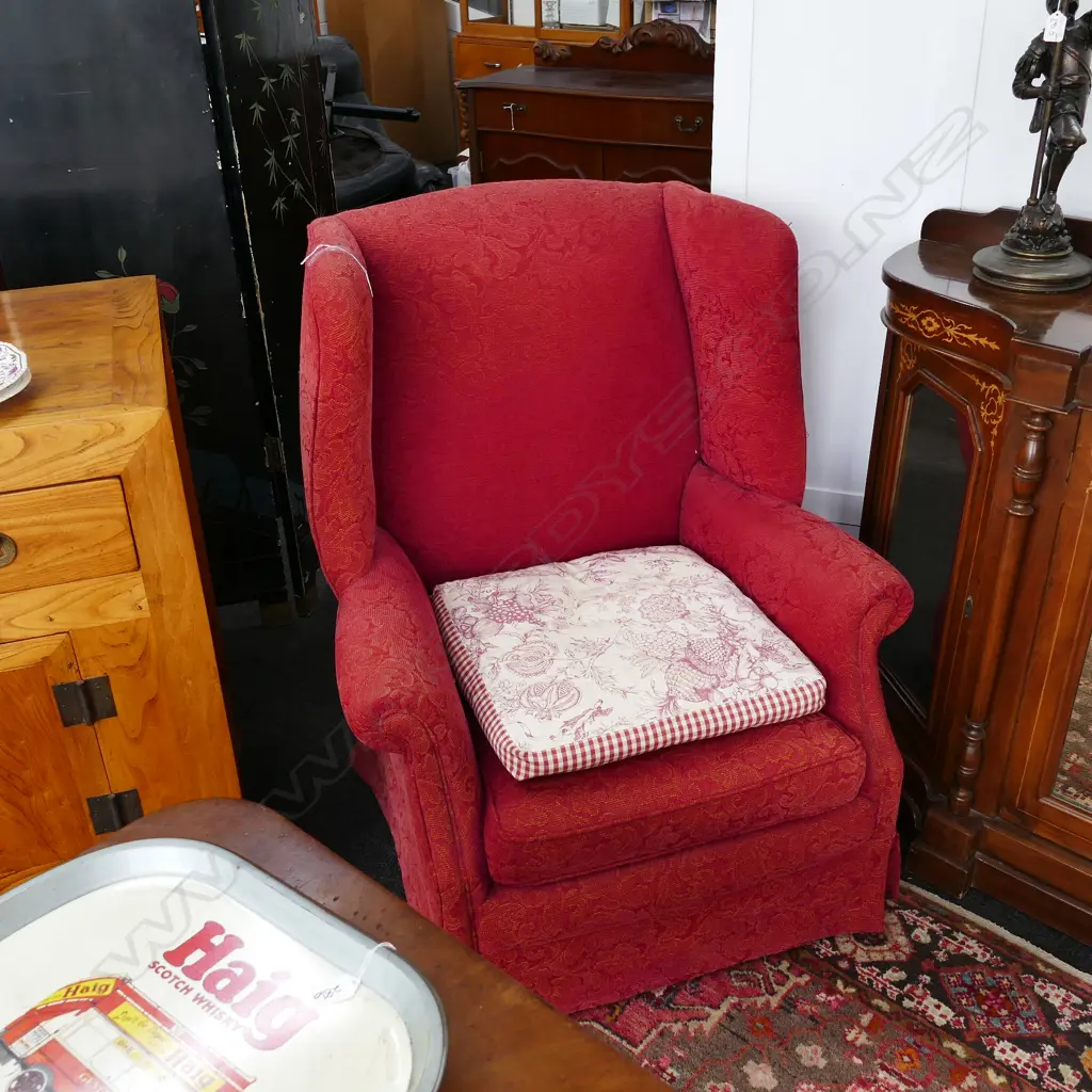 RED UPHOLSTERED WING BACK CHAIR H 970MM W 840 Image 1++