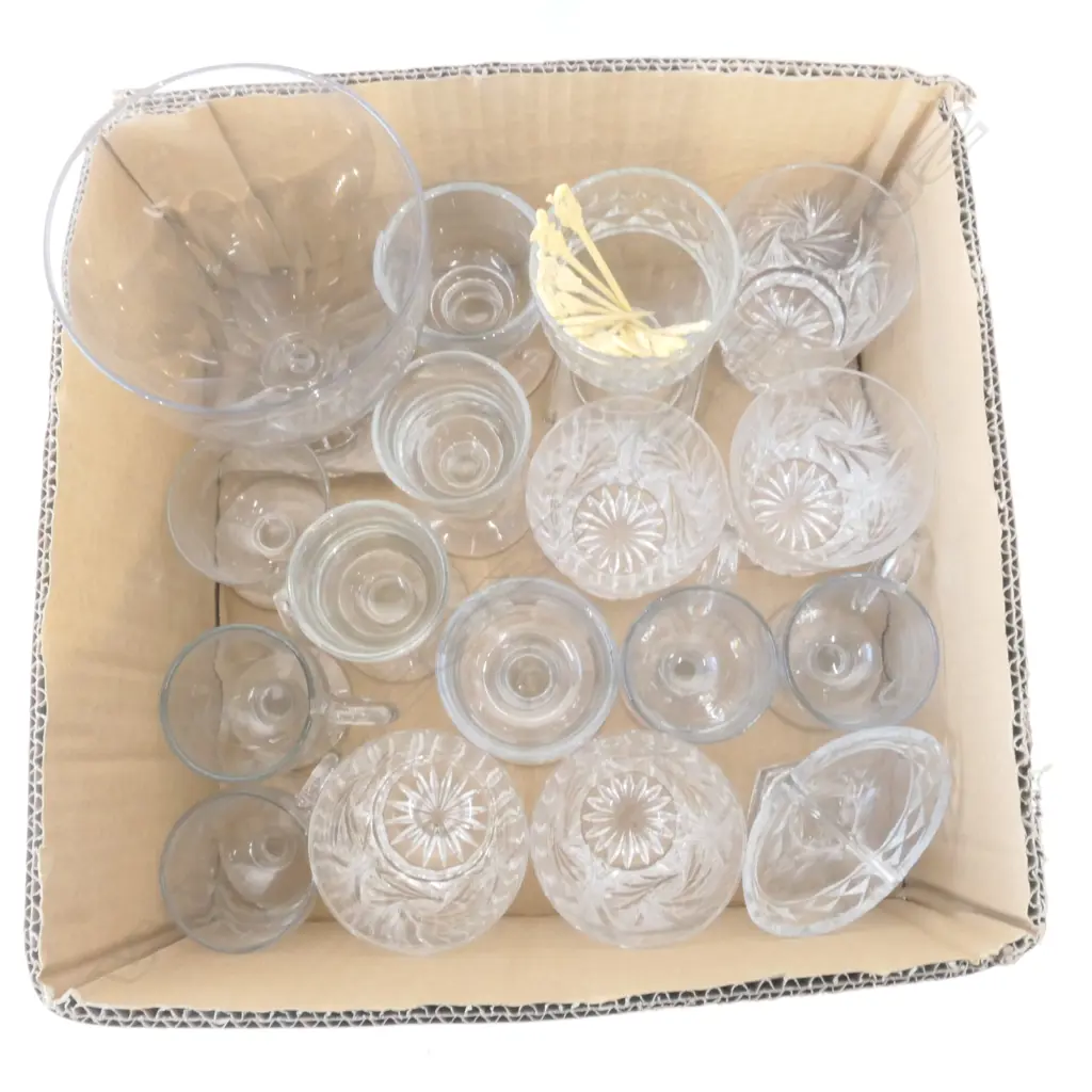 BOX LOT CRYSTAL INCL. 5 TUMBLERS, 4 VICTORIAN PENNY LICKS, 5 PUNCH CUPS AND 3 FOOTED PIECES + 13 IVORY? COCKTAIL STICKS Image 1++