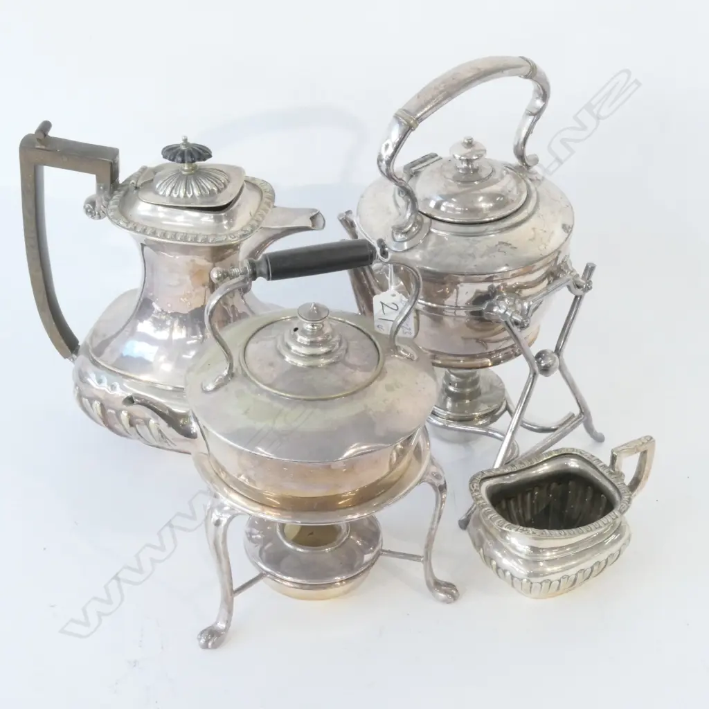 2 SILVER PLATE SPIRIT KETTLES + COFFEE POT + CREAM JUG Image 1++