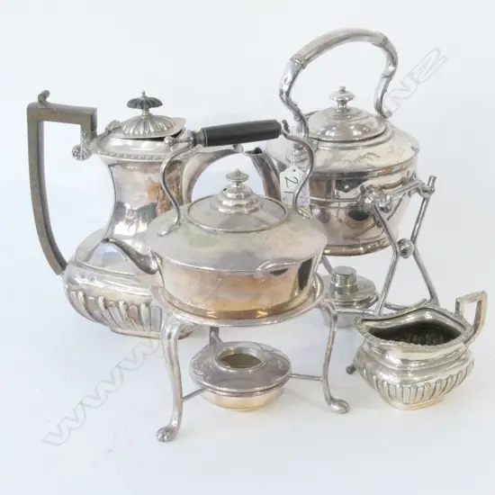 2 SILVER PLATE SPIRIT KETTLES + COFFEE POT + CREAM JUG