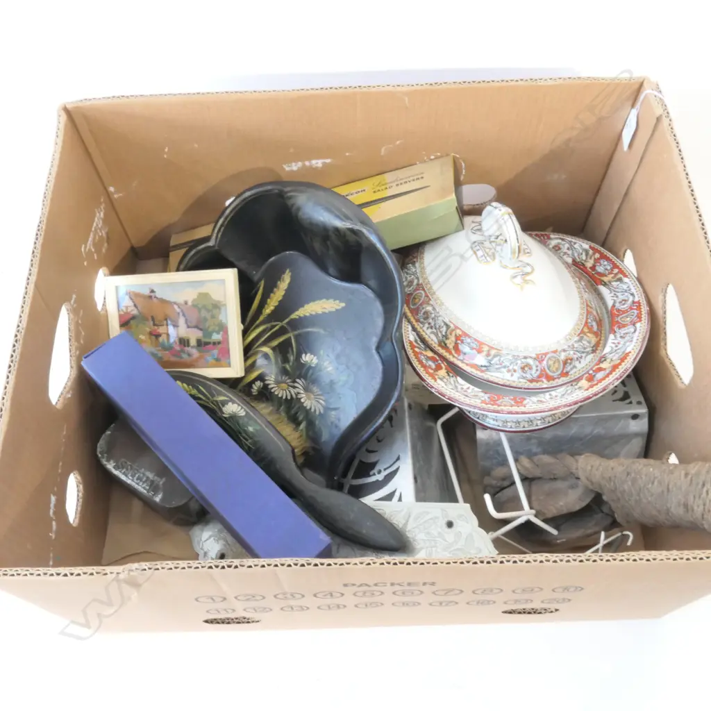 BOX LOT TUREEN, SALAD SERVERS, BOOKENDS, BRUSH AND TRAY ETC Image 1++