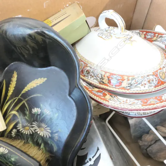 BOX LOT TUREEN, SALAD SERVERS, BOOKENDS, BRUSH AND TRAY ETC