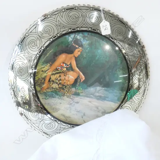 CIRCULAR CONVEX WALL MIRROR WITH MAORI WOMAN 390 DIA AND LARGE SQUARE WHITE LACE TABLE CLOTH