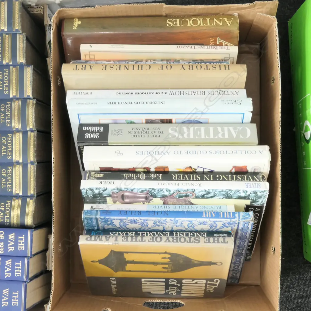 BOX OF BOOKS - SILVER / CHINESE ART / ENAMEL BOXES / LAMPS ETC Image 1++