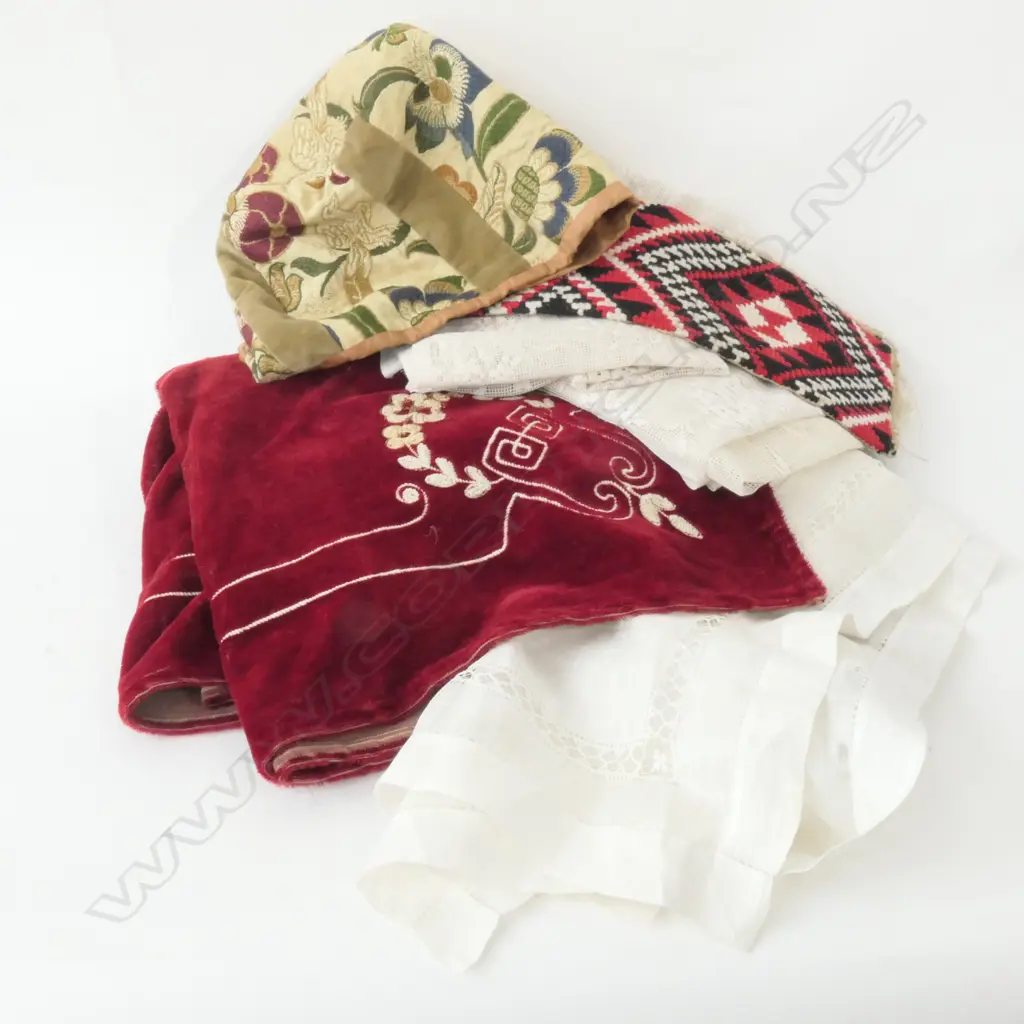 TWO VINTAGE LACE PIECES; TABLE RUNNER AND WINDOW NET, NEEDLEWORK MAORI SASH, JACQUARED COVER AND VICTORIAN RED VELVET Image 1++