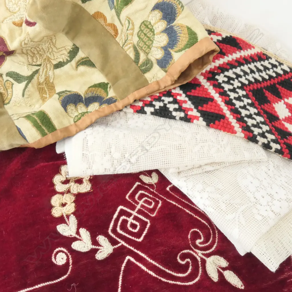 TWO VINTAGE LACE PIECES; TABLE RUNNER AND WINDOW NET, NEEDLEWORK MAORI SASH, JACQUARED COVER AND VICTORIAN RED VELVET Image 1++