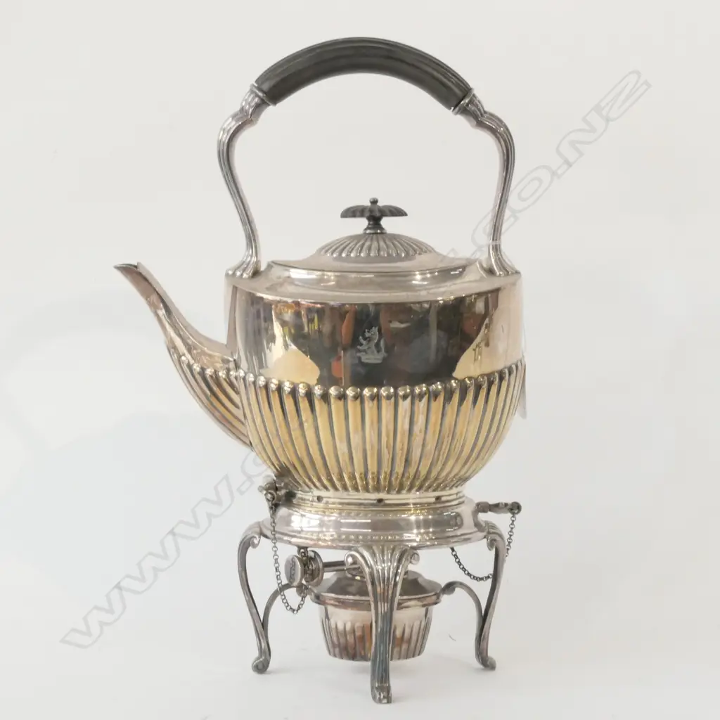 SILVER PLATE SPIRIT KETTLE CRESTED HALF LOBED BODY Image 1++