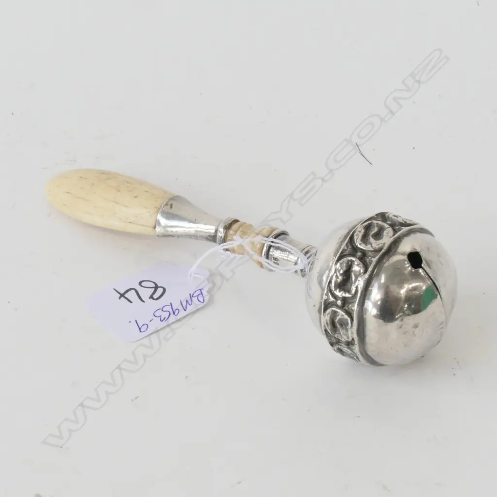 EARLY 20THC SILVER & BONE BABY'S RATTLE Image 1++