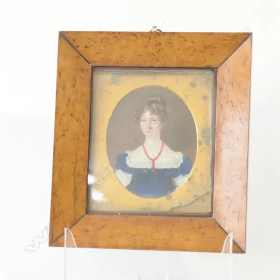CHARMING REGENCY PORTRAIT OF A WOMAN IN BURR TIMBER FRAME 195MM H