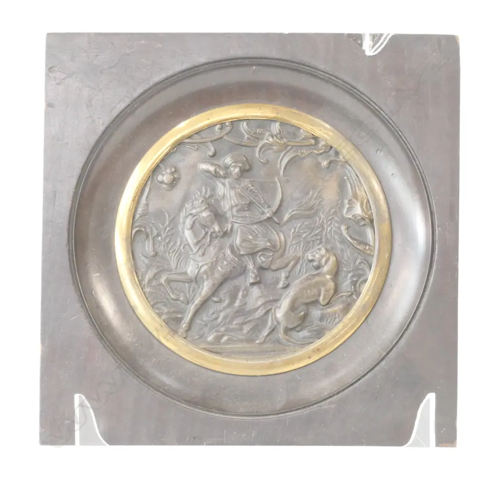 19THC FRAMED CIRCULAR PRESSED BRONZE PLAQUE HUNTING SCENE Image 1++