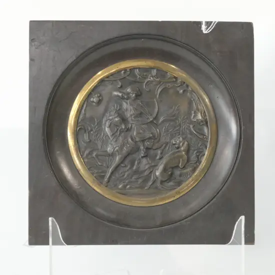 19THC FRAMED CIRCULAR PRESSED BRONZE PLAQUE HUNTING SCENE