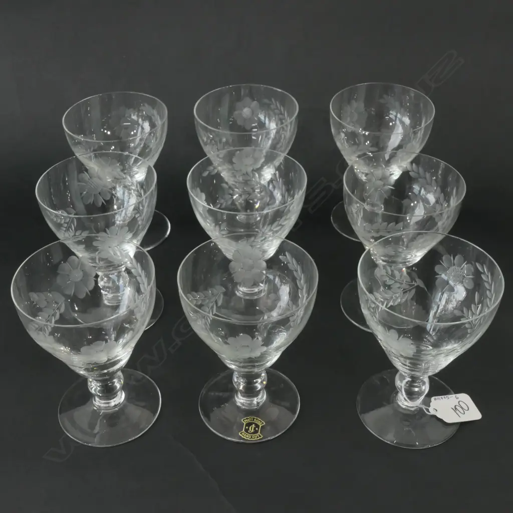 SET OF 9 HANDCUT/ETCHED WINE GLASSES Image 1++