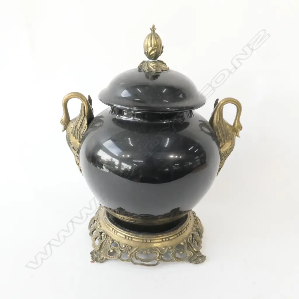 BLACK GLAZES CERAMIC VASE w FRENCH ORMOLU STYLE BRASS MOUNTS H.310mm Image 1++