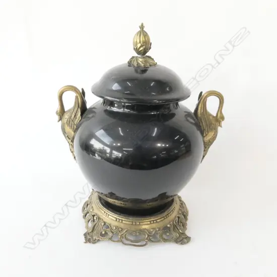 BLACK GLAZES CERAMIC VASE w FRENCH ORMOLU STYLE BRASS MOUNTS H.310mm