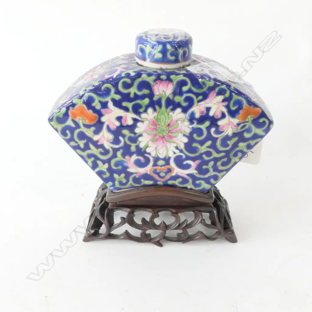 CHINESE FLORAL DECORATED TEA CADDY ON WOODEN STAND H 160 MM Image 1++