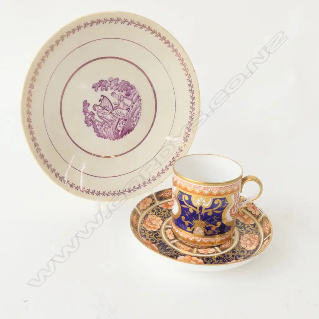 LUSTREWARE PLATE WITH HARP SCENE AND DERBY IMARI COFFEE CUP AND SAUCER Image 1++