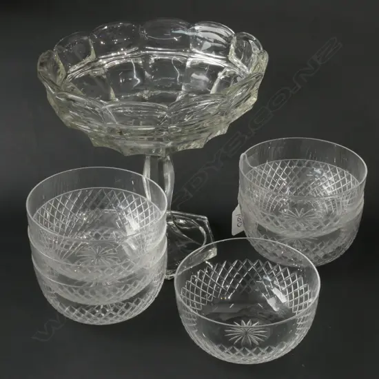7 CRYSTAL FINGERBOWLS AND PRESSED GLASS COMPORT 210MM H