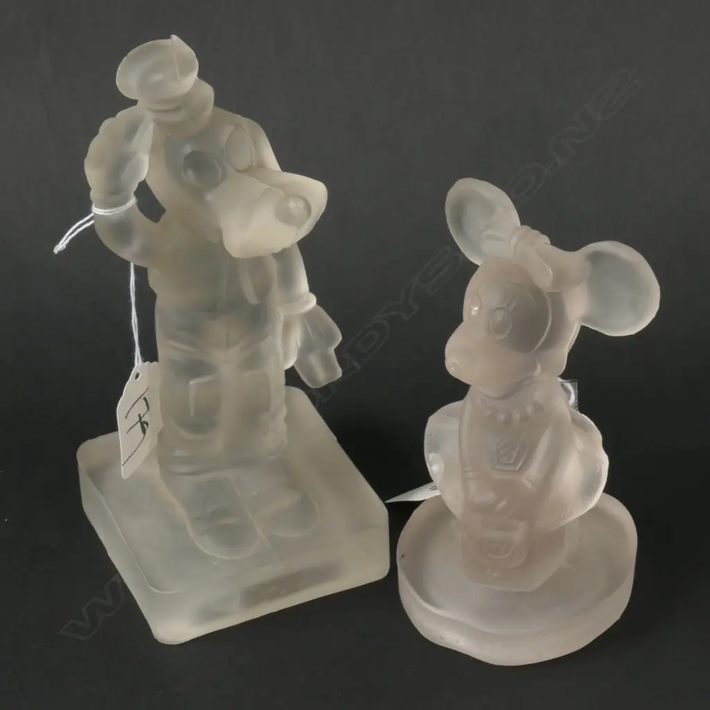 WALT DISNEY PRODUCTIONS FROSTED GLASS MINNIE MOUSE + GOOFY H 190 MM  Image 1++