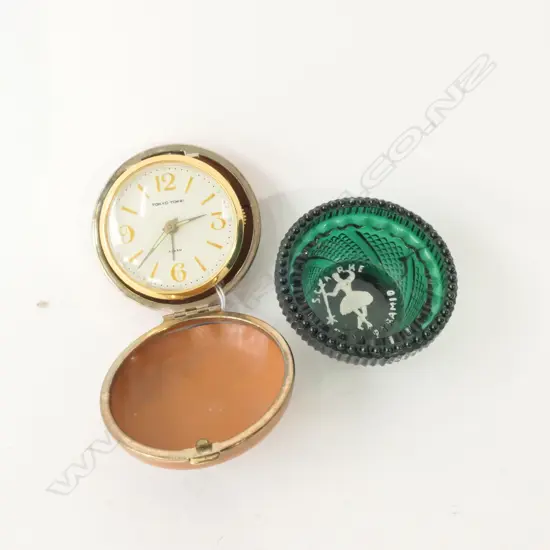 TOKEI ALARM CLOCK AND GREEN PRESSED GLASS PIN DISH