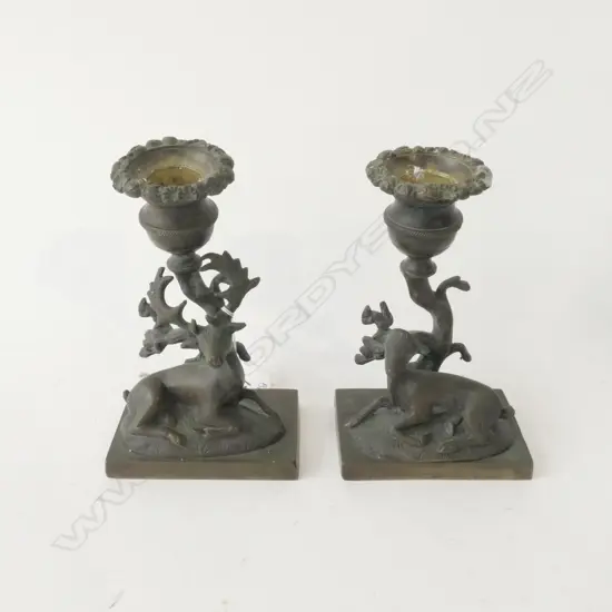 PAIR OLD BRONZE CANDLESTICKS STAG FORM 130MM H