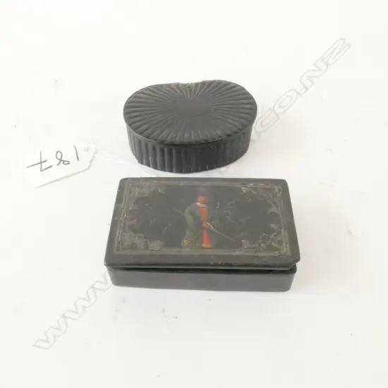 2 GORGIAN PAPER MACHE SNUFF BOXES A/F L 70 MM