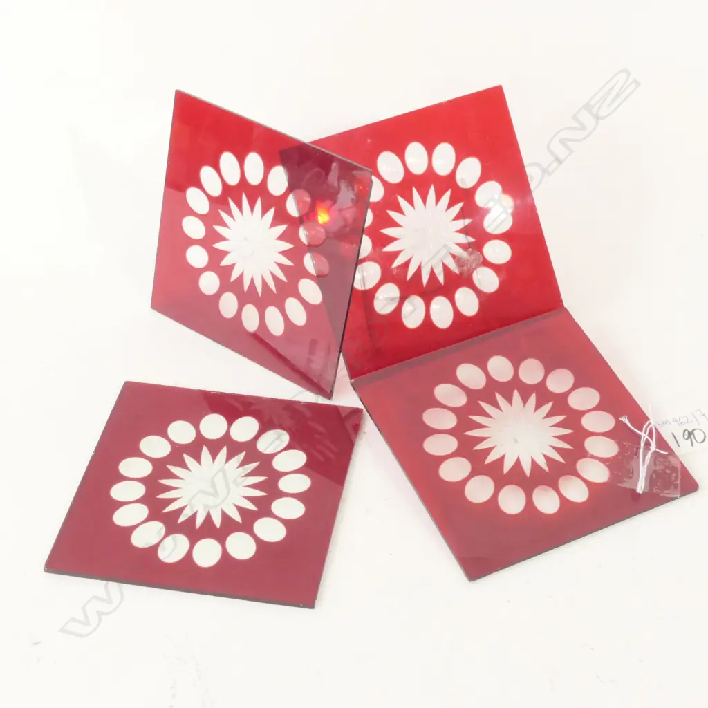 4 ENGRAVED RED GLASS VILLA DOOR SQUARES RARE Image 1++