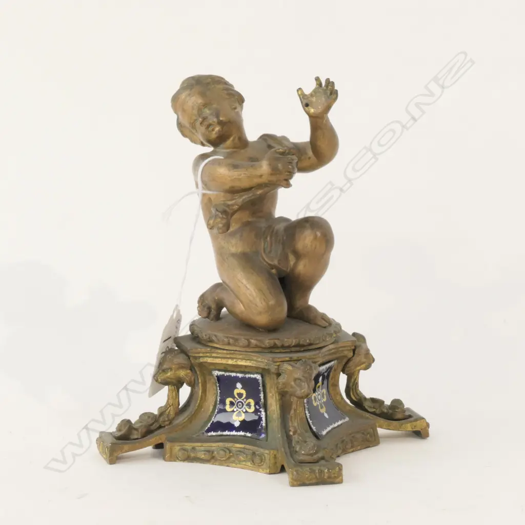 FRENCH GILT BRONZE PUTTI CHERUB - LIONS HEAD / ENAMEL CARTOUCHES Image 1++
