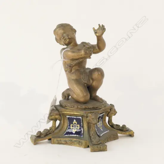 FRENCH GILT BRONZE PUTTI CHERUB - LIONS HEAD / ENAMEL CARTOUCHES