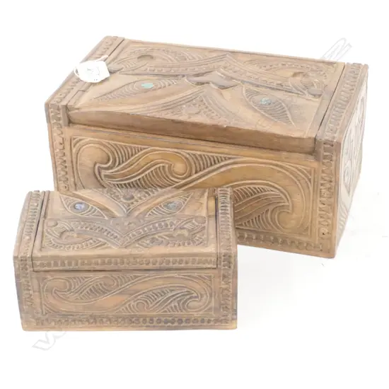 LATE 20TH C CARVED  BOX WITH MAORI MOTIFS + ONE SMALLER L 240 MM