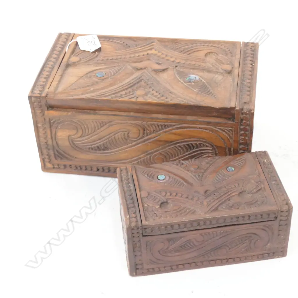 LATE 20TH C CARVED  BOX WITH MAORI MOTIFS + ONE SMALLER L 240 MM Image 1++