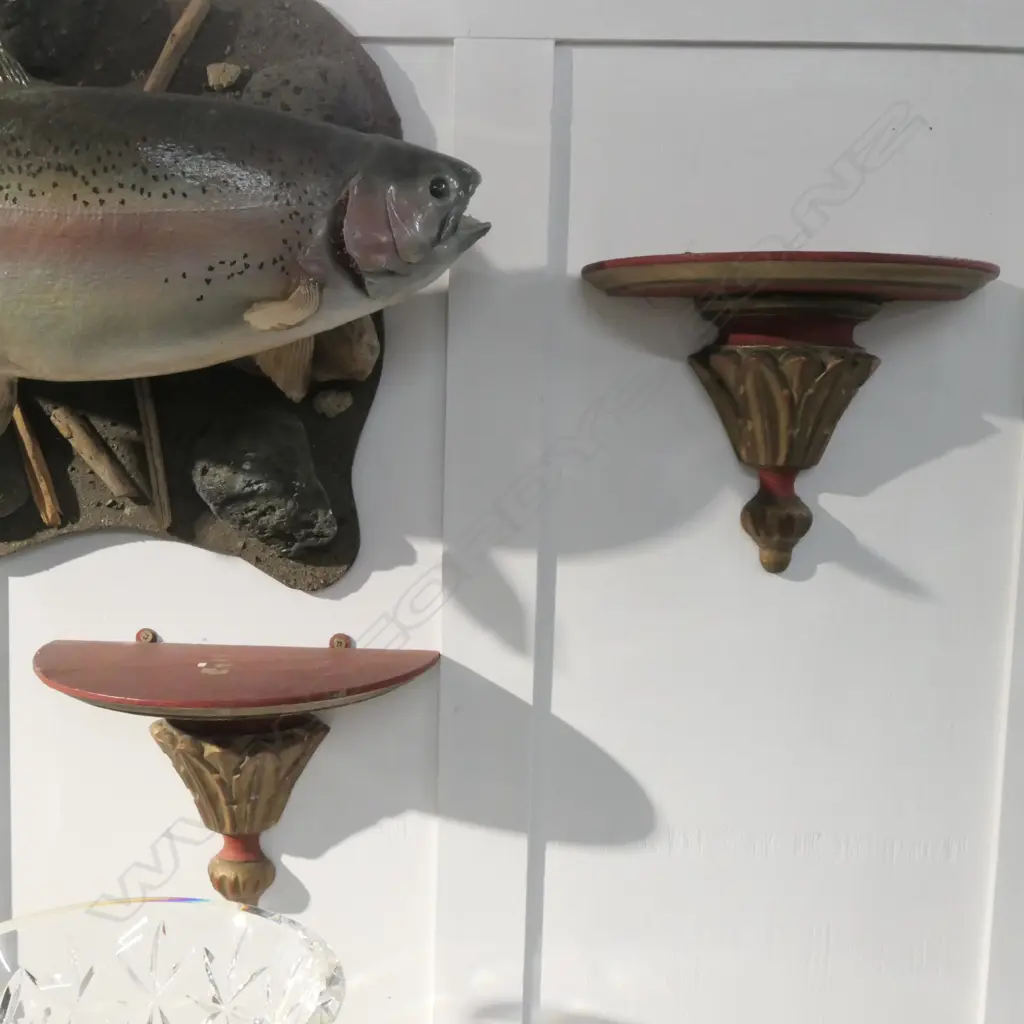 PAIR OF RED AND GILT WALL SHELVES 250MM W Image 1++