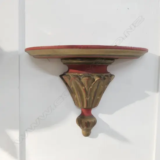 PAIR OF RED AND GILT WALL SHELVES 250MM W
