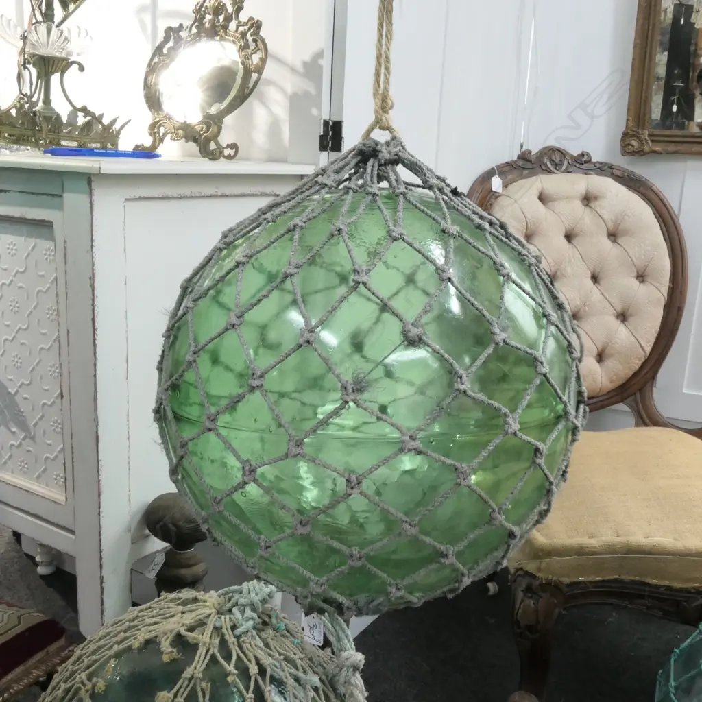 OLD LARGE GLASS FISHING FLOAT WITH NETTING... Image 1++