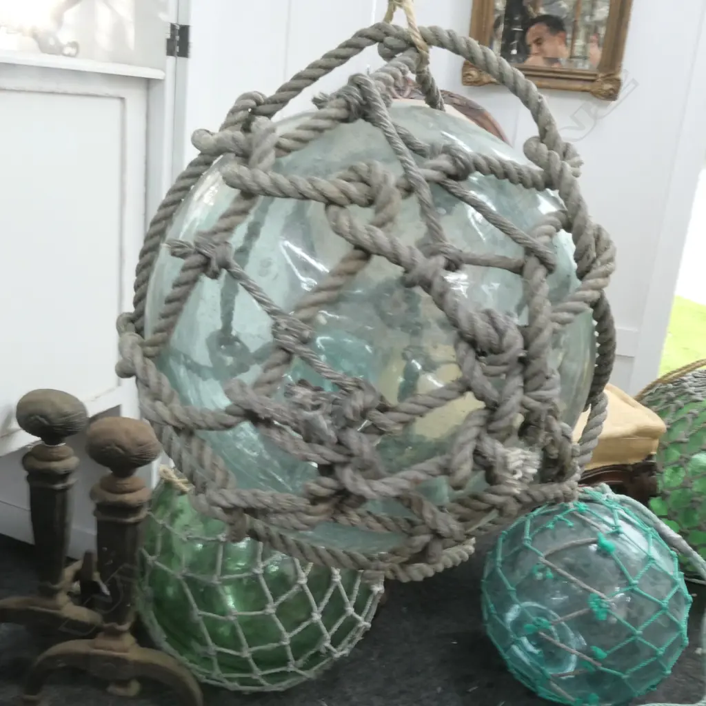 OLD LARGE GLASS FISHING FLOAT WITH NETTING... Image 1++