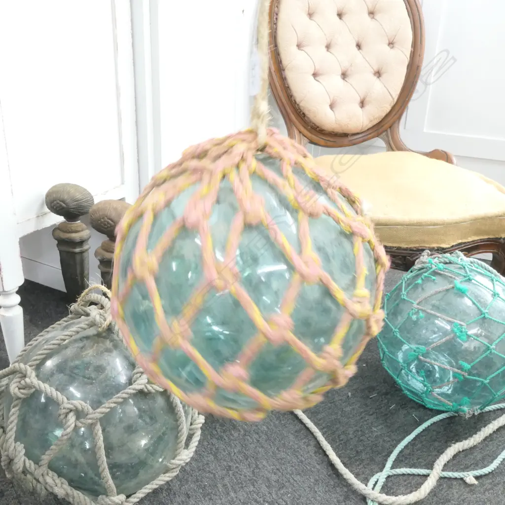 OLD GLASS FISHING FLOAT WITH NETTING... Image 1++