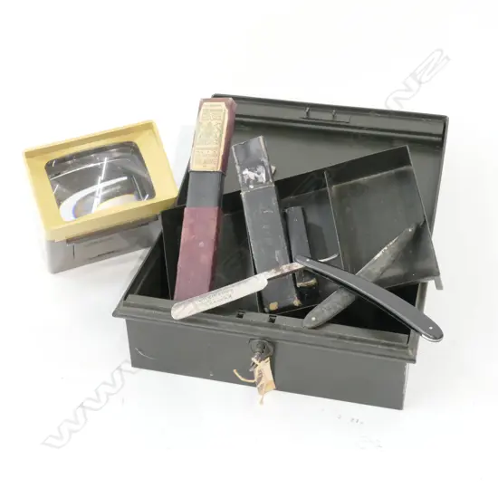 OLD TIN CASH BOX + 2 RAZORS + SLIDE VIEWER