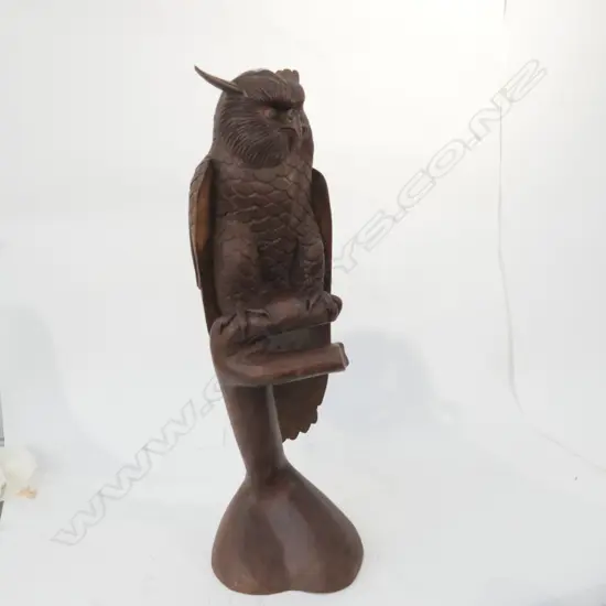 A WELL CARVED WOODEN OWL PERCHING ON A BRANCH H 620 MM