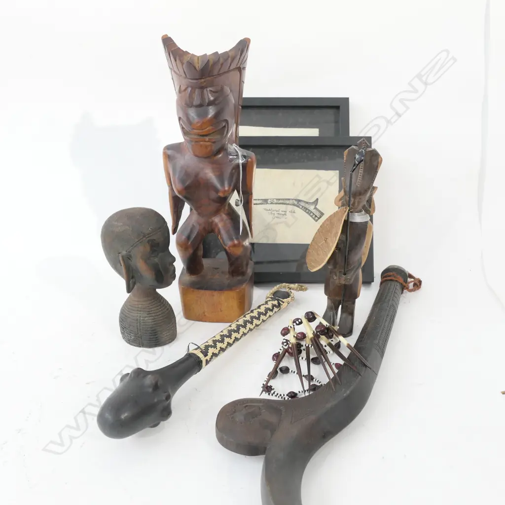 8 TRIBAL PCES: 3 CARVED FIGURES+ 2 CLUBS & PICTURES... Image 1++