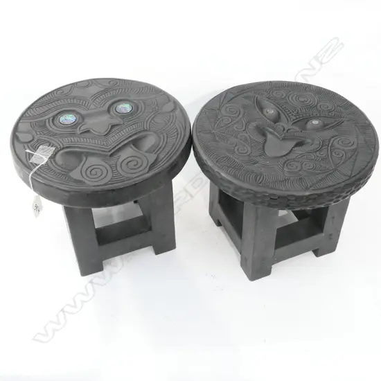 PR OF MAORI CARVED WOODEN STOOL WITH PAUA INSET EYES D 270 MM