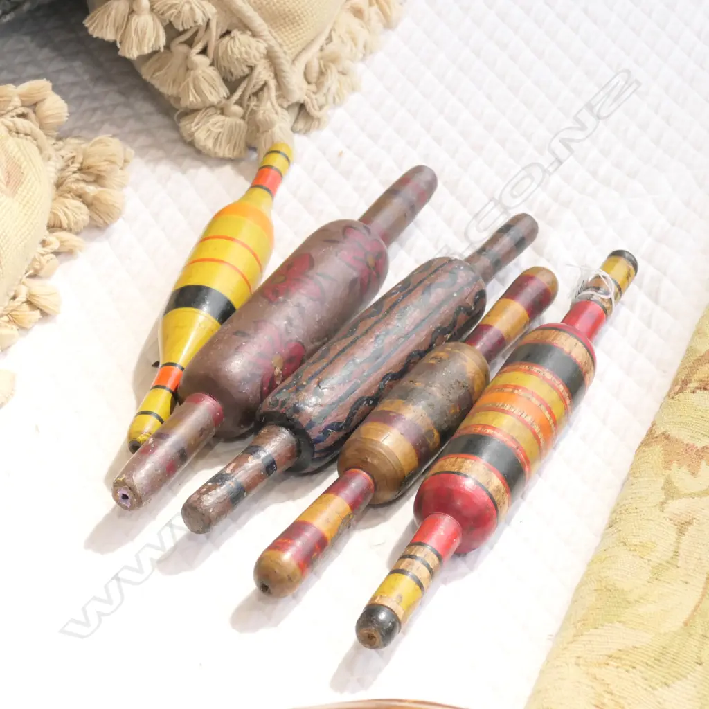 5 OLD INDIAN CHAPATI BREAD ROLLERS PAINTED STRIPES Image 1++