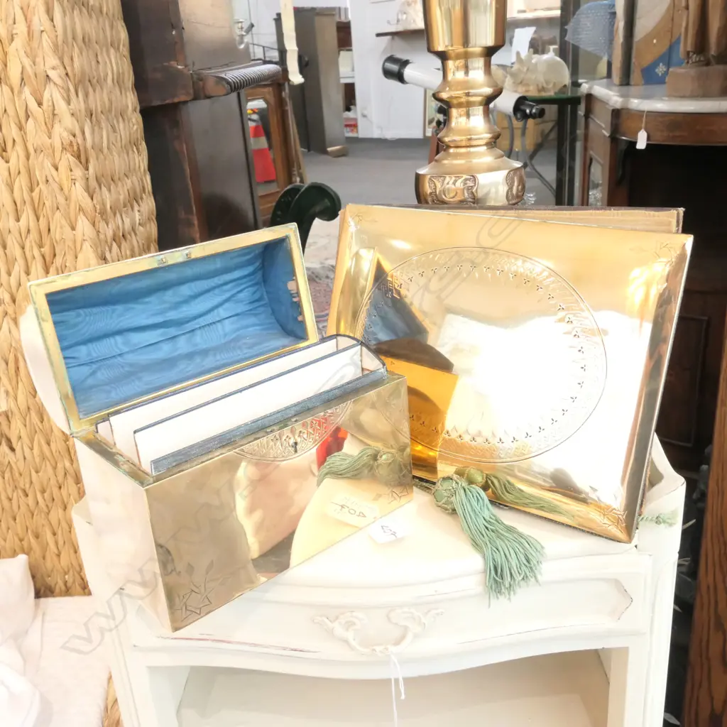 IMPRESSIVE BRASS VICTORIAN DOMED DESKTOP COMPENDIUM 185MM W AND MATCHING BLOTTER BOOK 245MM H Image 1++