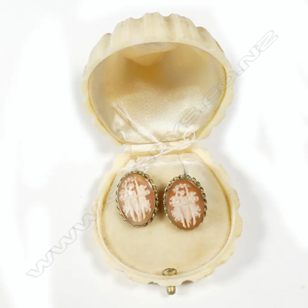 PR VINTAGE GOLD PLATED CAMEO SCREW-ON EARRINGS, STAMPED VAN DEL Image 1++