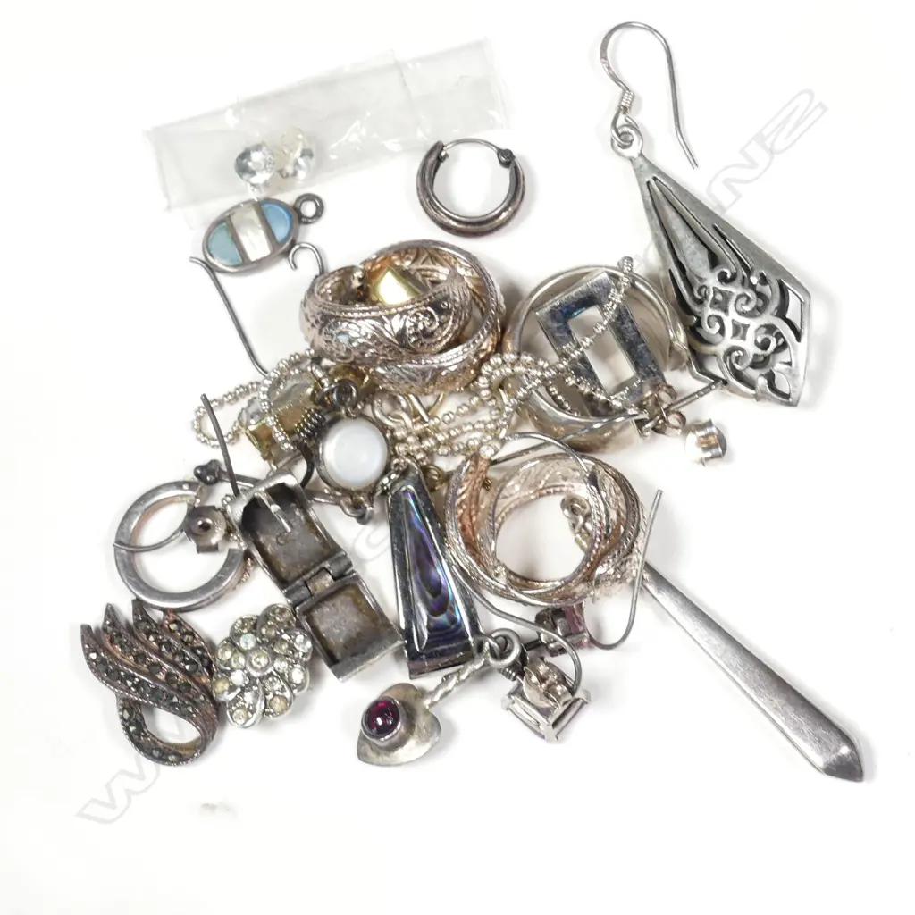GOOD SM BOX OF SILVER PENDANTS, EARRINGS ETC, SOME STAMPED 925 Image 1++