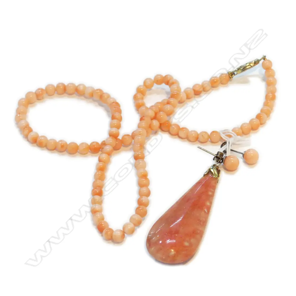 PINK CORAL NECKLACE L.440mm EARRINGS + PENDANT Image 1++