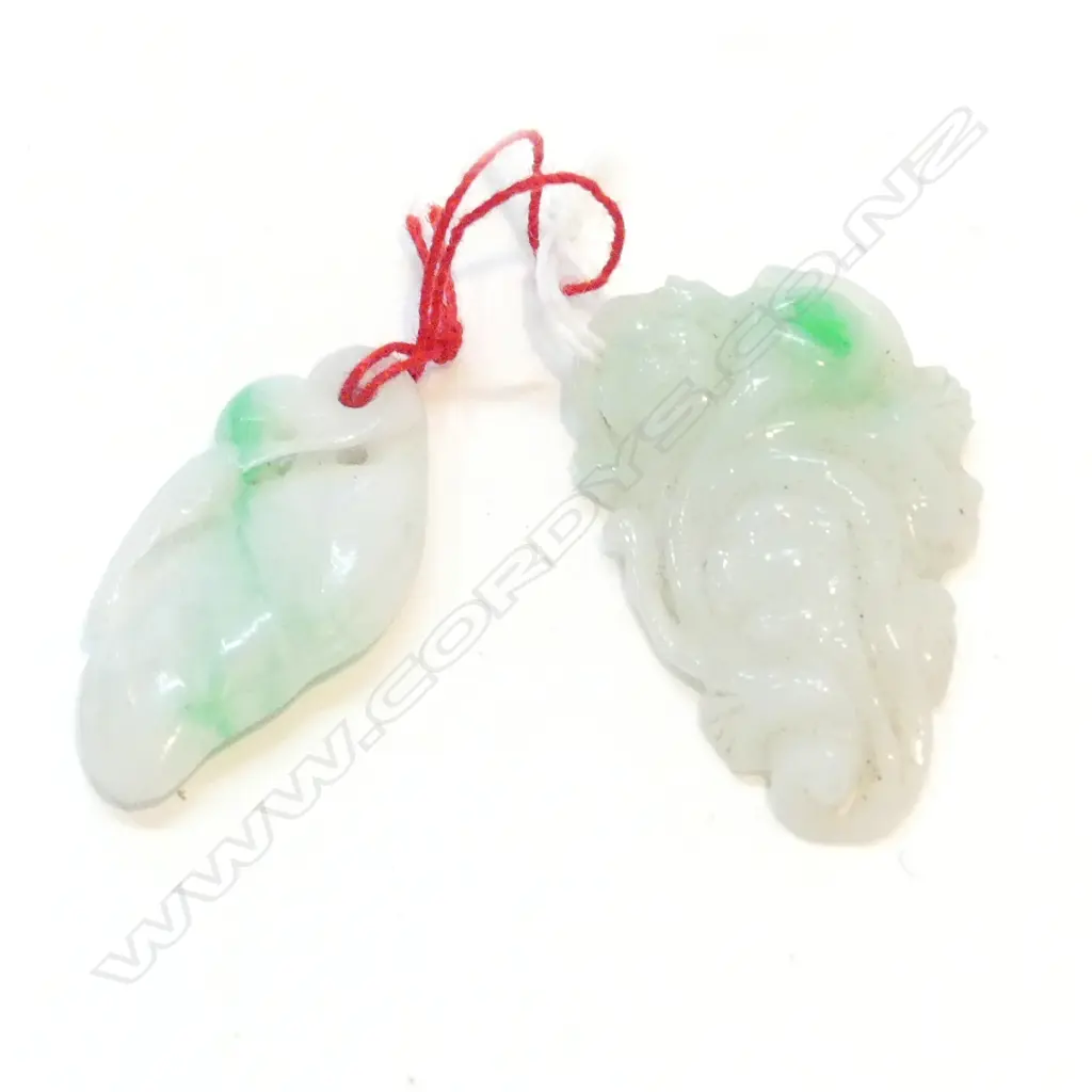 2 CHINESE CARVED JADEITE PENDANTS FLORAL FRUIT Image 1++