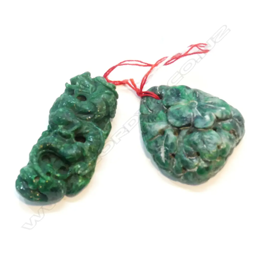 2 CHINESE CARVED JADEITE PENDANTS DRAGON & FLOWERS Image 1++